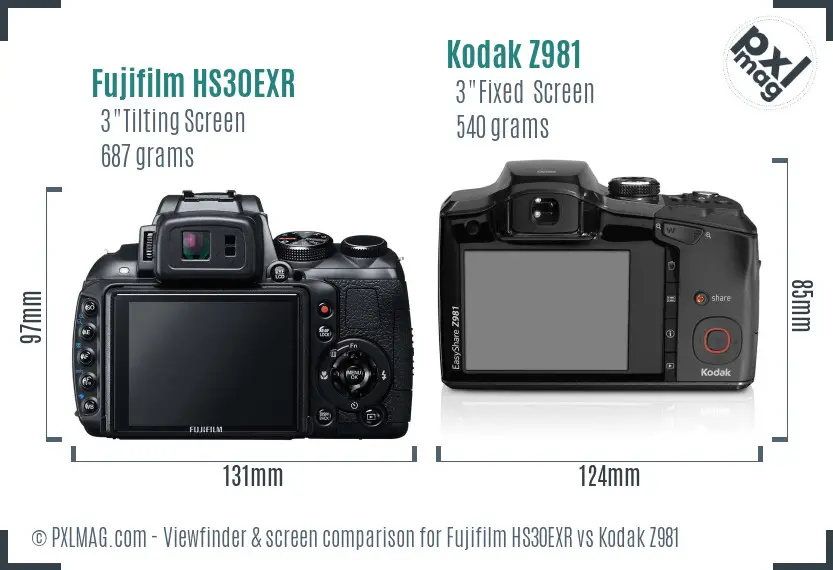 Fujifilm HS30EXR vs Kodak Z981 Screen and Viewfinder comparison