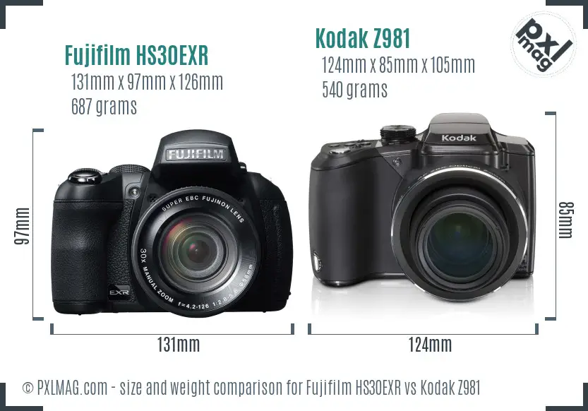 Fujifilm HS30EXR vs Kodak Z981 size comparison