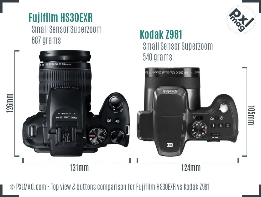 Fujifilm HS30EXR vs Kodak Z981 top view buttons comparison