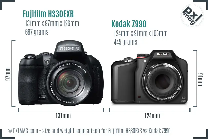 Fujifilm HS30EXR vs Kodak Z990 size comparison