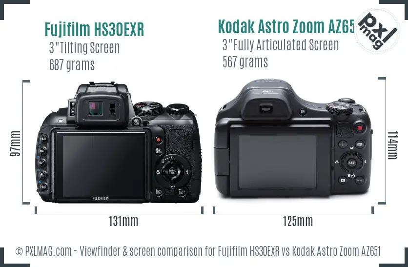 Fujifilm HS30EXR vs Kodak Astro Zoom AZ651 Screen and Viewfinder comparison