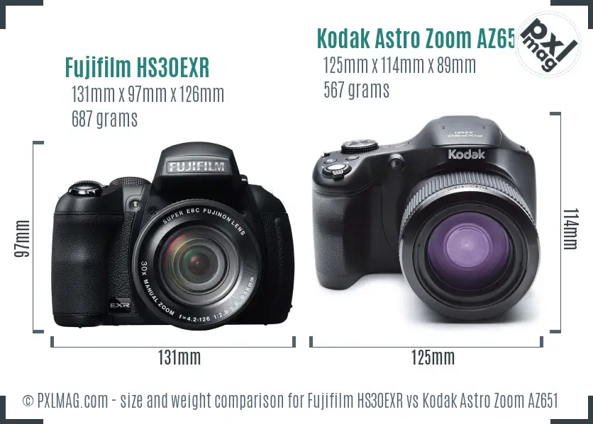 Fujifilm HS30EXR vs Kodak Astro Zoom AZ651 size comparison
