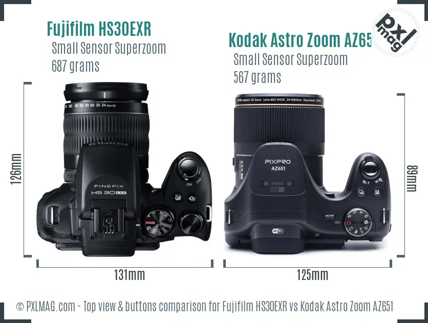 Fujifilm HS30EXR vs Kodak Astro Zoom AZ651 top view buttons comparison