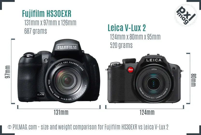 Fujifilm HS30EXR vs Leica V-Lux 2 size comparison