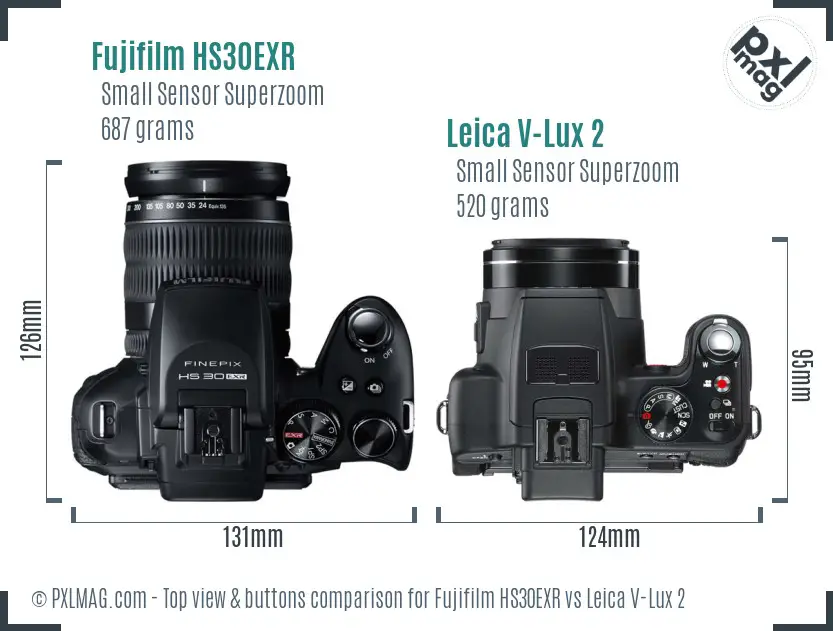 Fujifilm HS30EXR vs Leica V-Lux 2 top view buttons comparison