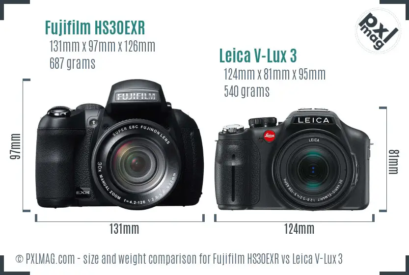 Fujifilm HS30EXR vs Leica V-Lux 3 size comparison