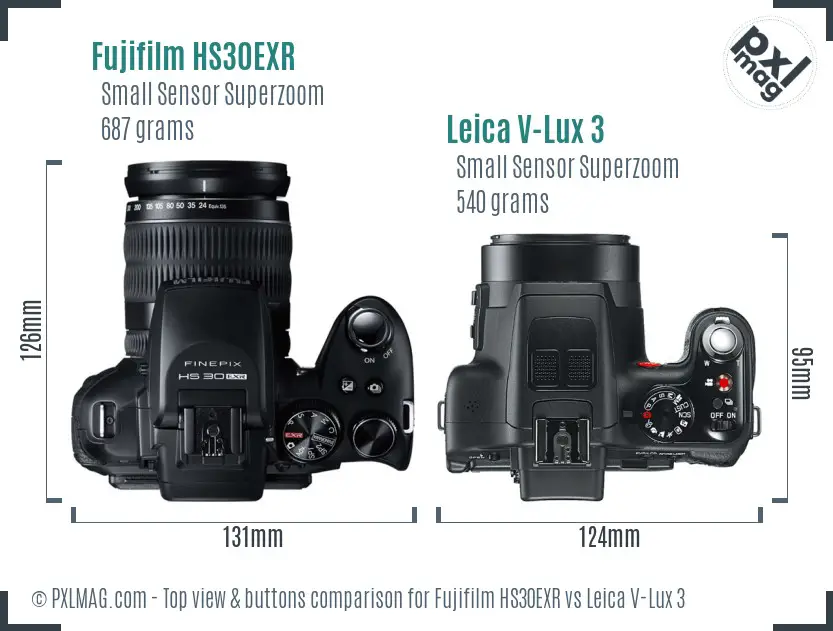 Fujifilm HS30EXR vs Leica V-Lux 3 top view buttons comparison