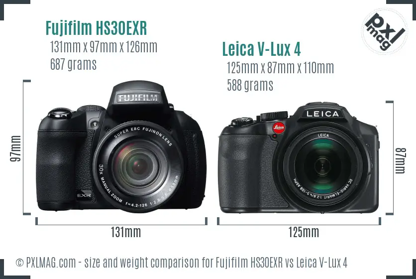 Fujifilm HS30EXR vs Leica V-Lux 4 size comparison