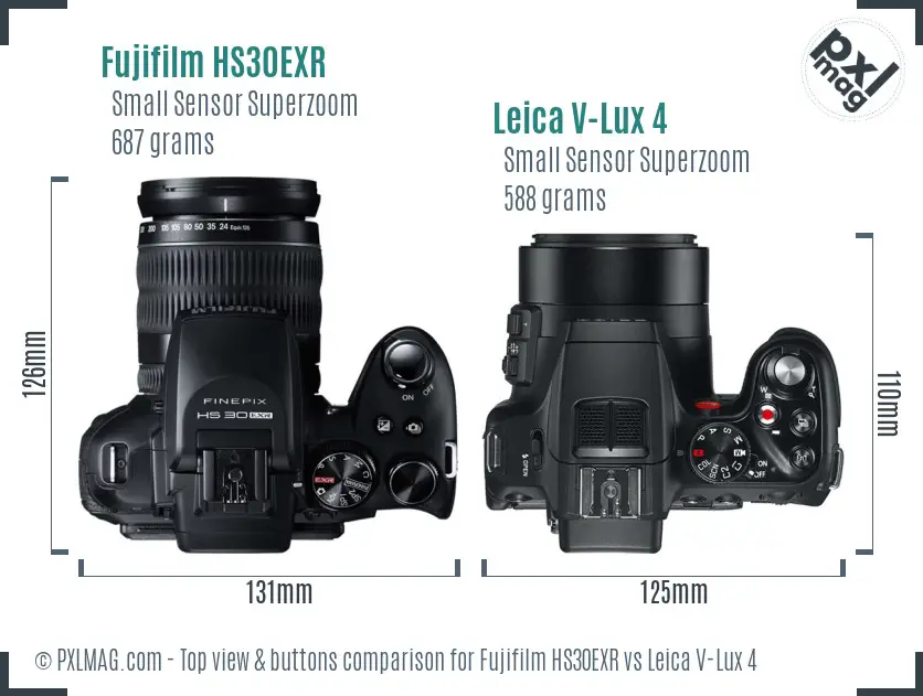 Fujifilm HS30EXR vs Leica V-Lux 4 top view buttons comparison