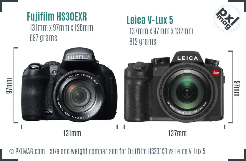 Fujifilm HS30EXR vs Leica V-Lux 5 size comparison Fujifilm HS30EXR vs Leica V-Lux 5 size comparison