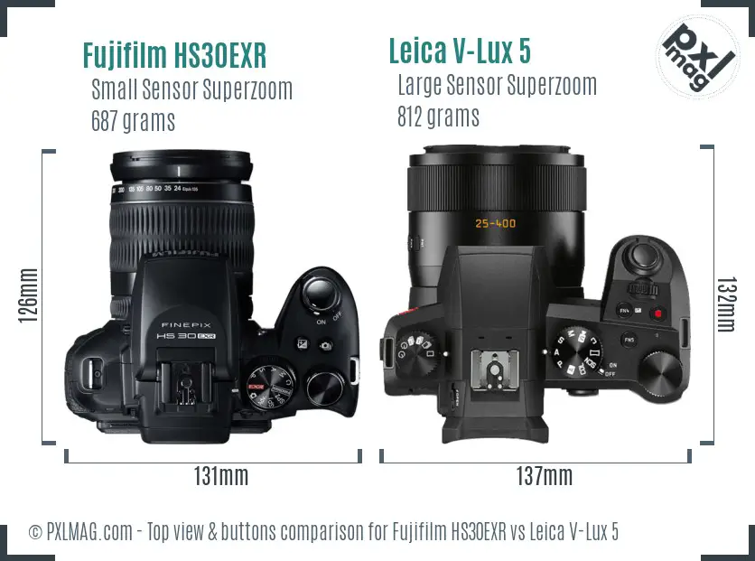 Fujifilm HS30EXR vs Leica V-Lux 5 top view buttons comparison Fujifilm HS30EXR vs Leica V-Lux 5 top view buttons comparison