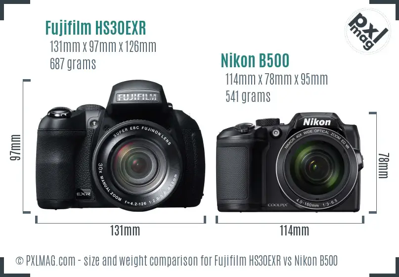 Fujifilm HS30EXR vs Nikon B500 size comparison