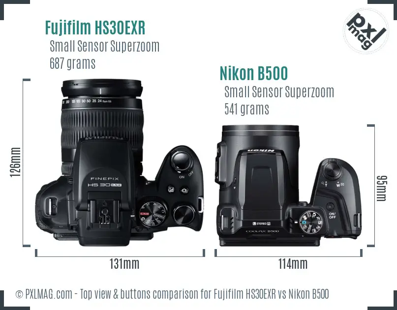 Fujifilm HS30EXR vs Nikon B500 top view buttons comparison