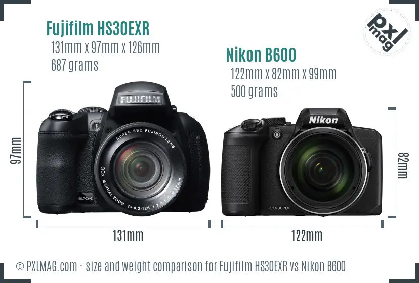 Fujifilm HS30EXR vs Nikon B600 size comparison