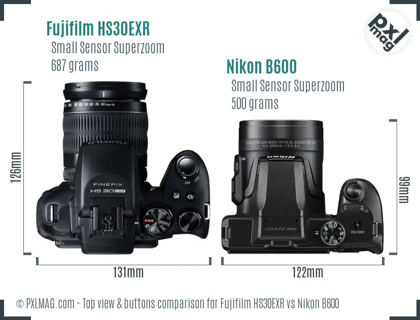 Fujifilm HS30EXR vs Nikon B600 top view buttons comparison