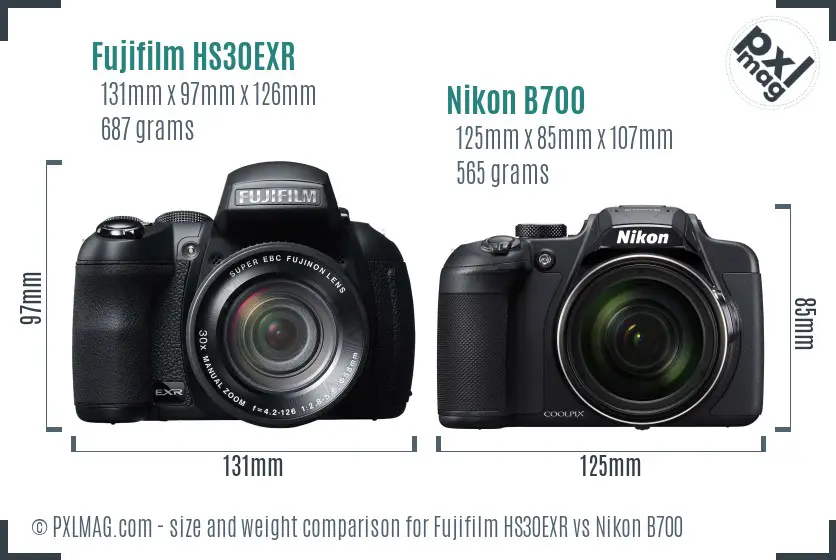 Fujifilm HS30EXR vs Nikon B700 size comparison