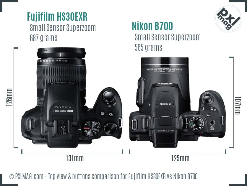 Fujifilm HS30EXR vs Nikon B700 top view buttons comparison