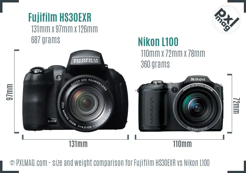 Fujifilm HS30EXR vs Nikon L100 size comparison