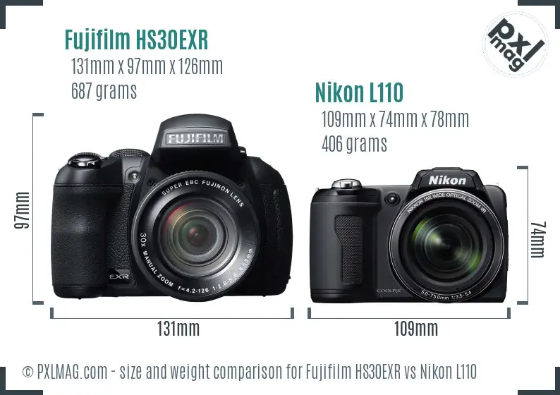 Fujifilm HS30EXR vs Nikon L110 size comparison