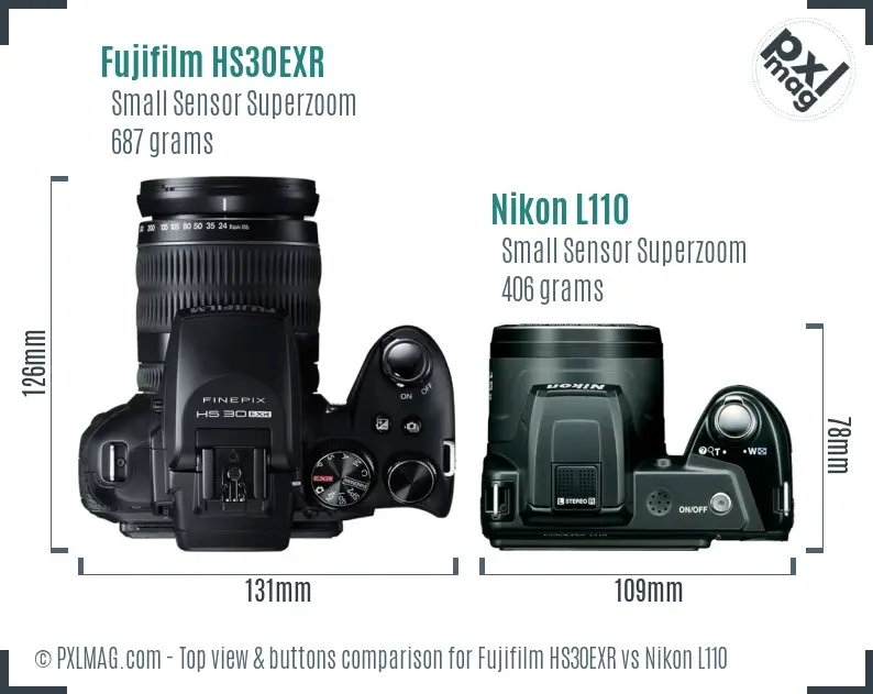 Fujifilm HS30EXR vs Nikon L110 top view buttons comparison
