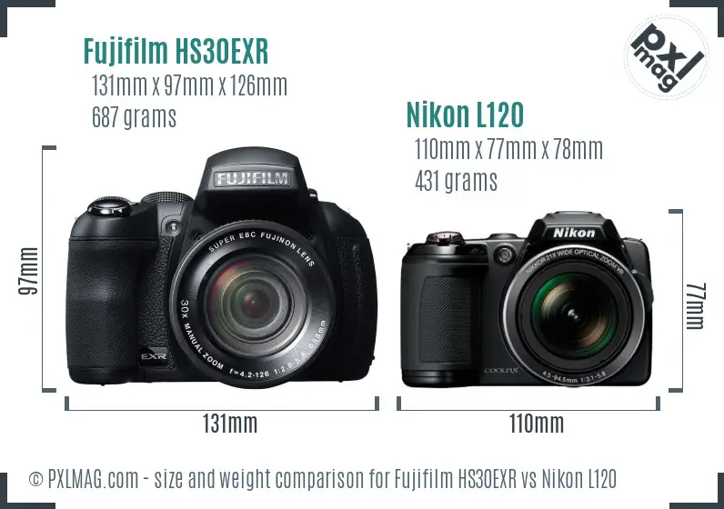 Fujifilm HS30EXR vs Nikon L120 size comparison