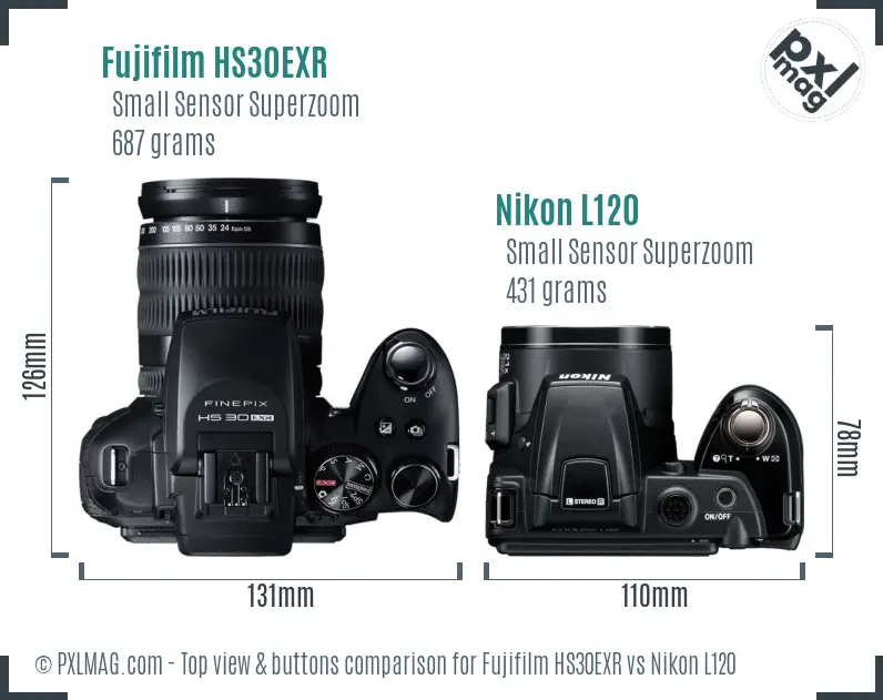 Fujifilm HS30EXR vs Nikon L120 top view buttons comparison