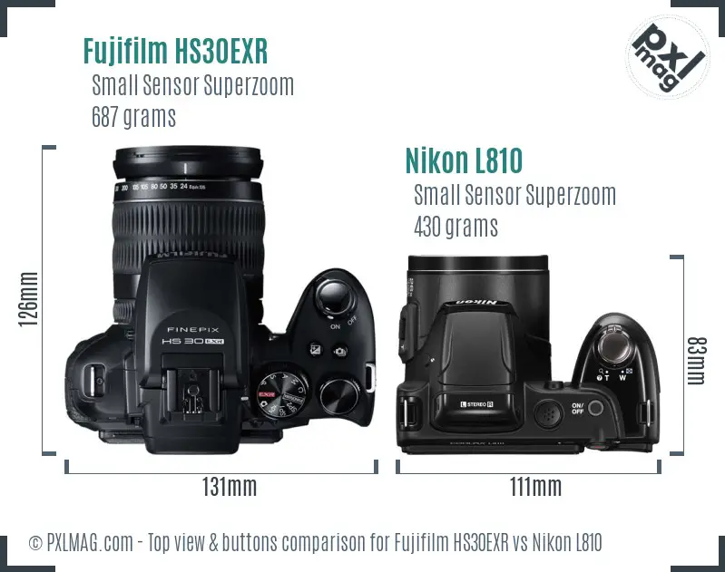 Fujifilm HS30EXR vs Nikon L810 top view buttons comparison Fujifilm HS30EXR vs Nikon L810 top view buttons comparison