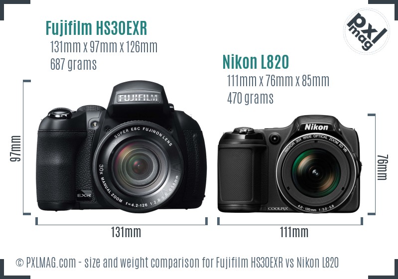 Fujifilm HS30EXR vs Nikon L820 size comparison