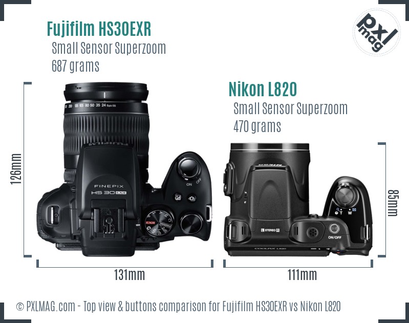 Fujifilm HS30EXR vs Nikon L820 top view buttons comparison