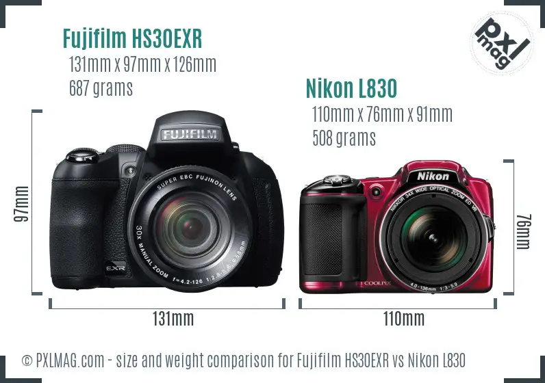 Fujifilm HS30EXR vs Nikon L830 size comparison