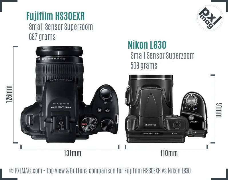 Fujifilm HS30EXR vs Nikon L830 top view buttons comparison