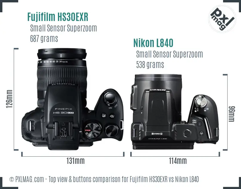Fujifilm HS30EXR vs Nikon L840 top view buttons comparison