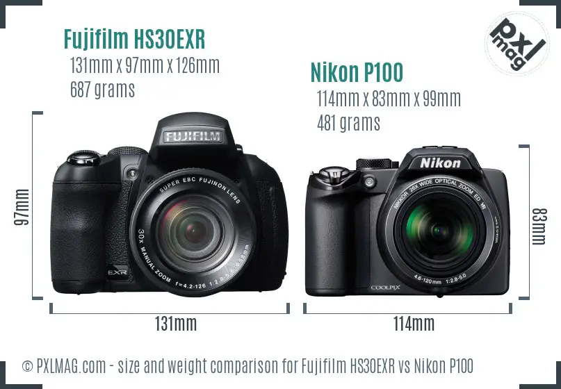 Fujifilm HS30EXR vs Nikon P100 size comparison