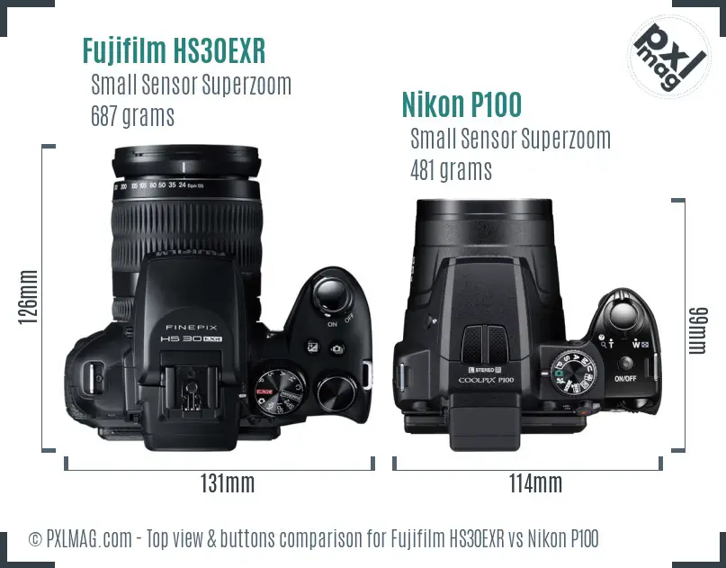 Fujifilm HS30EXR vs Nikon P100 top view buttons comparison