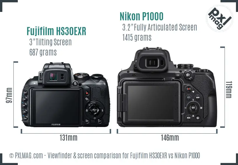 Fujifilm HS30EXR vs Nikon P1000 Screen and Viewfinder comparison