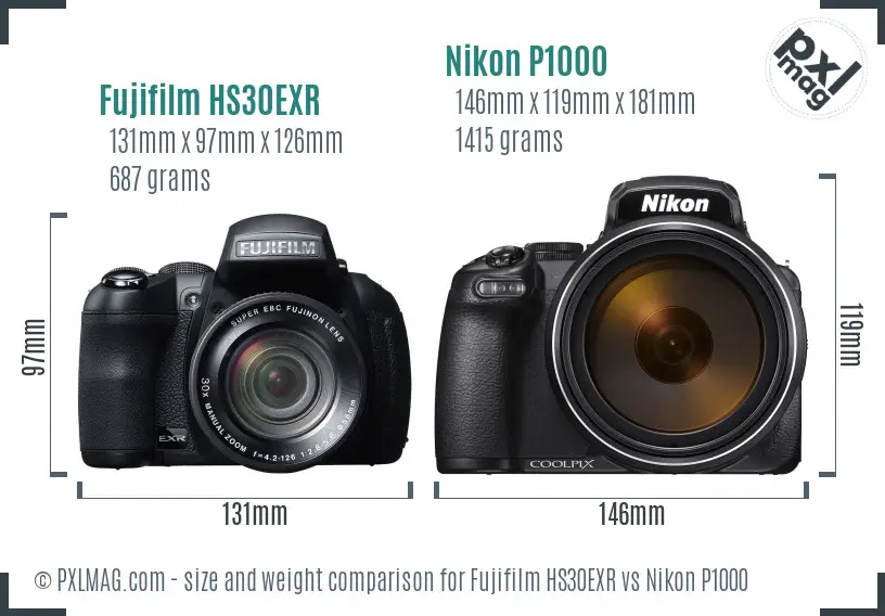 Fujifilm HS30EXR vs Nikon P1000 size comparison