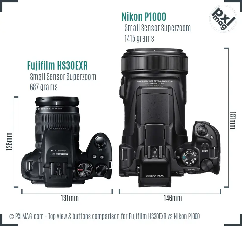 Fujifilm HS30EXR vs Nikon P1000 top view buttons comparison