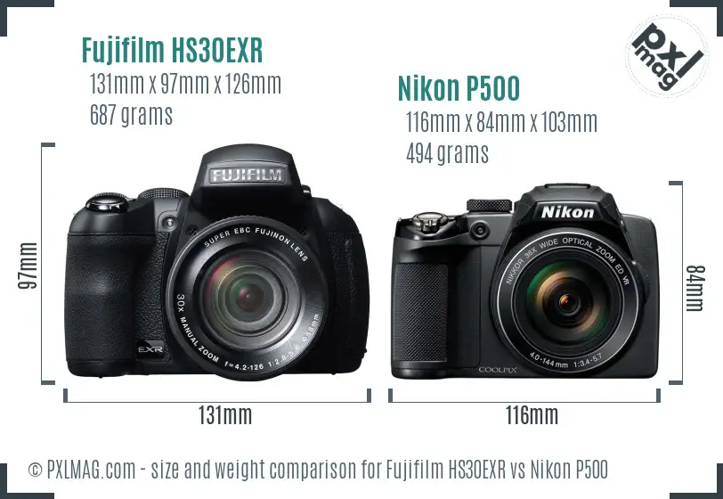 Fujifilm HS30EXR vs Nikon P500 size comparison