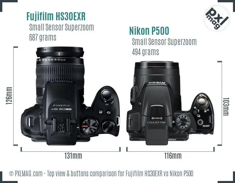Fujifilm HS30EXR vs Nikon P500 top view buttons comparison