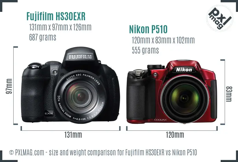 Fujifilm HS30EXR vs Nikon P510 size comparison Fujifilm HS30EXR vs Nikon P510 size comparison