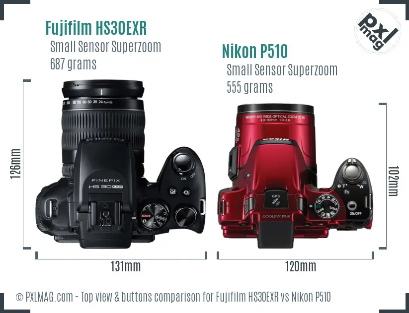 Fujifilm HS30EXR vs Nikon P510 top view buttons comparison Fujifilm HS30EXR vs Nikon P510 top view buttons comparison