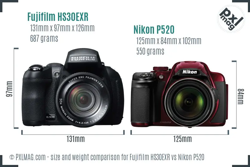 Fujifilm HS30EXR vs Nikon P520 size comparison