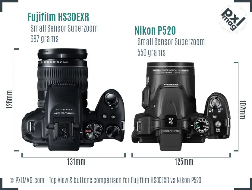 Fujifilm HS30EXR vs Nikon P520 top view buttons comparison