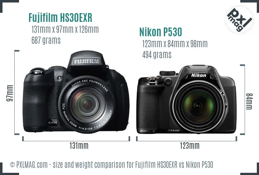 Fujifilm HS30EXR vs Nikon P530 size comparison Fujifilm HS30EXR vs Nikon P530 size comparison