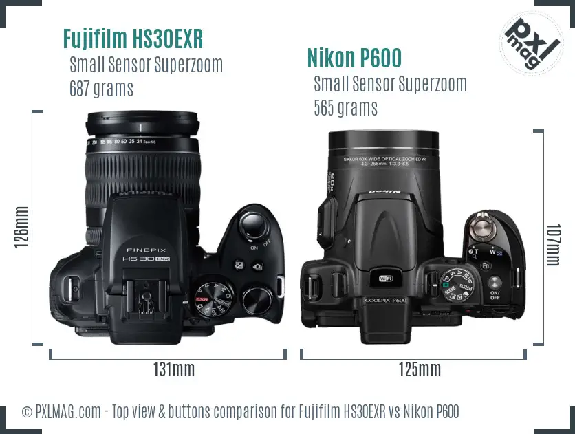 Fujifilm HS30EXR vs Nikon P600 top view buttons comparison Fujifilm HS30EXR vs Nikon P600 top view buttons comparison