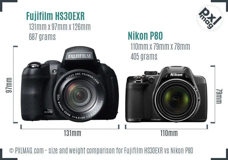 Fujifilm HS30EXR vs Nikon P80 size comparison