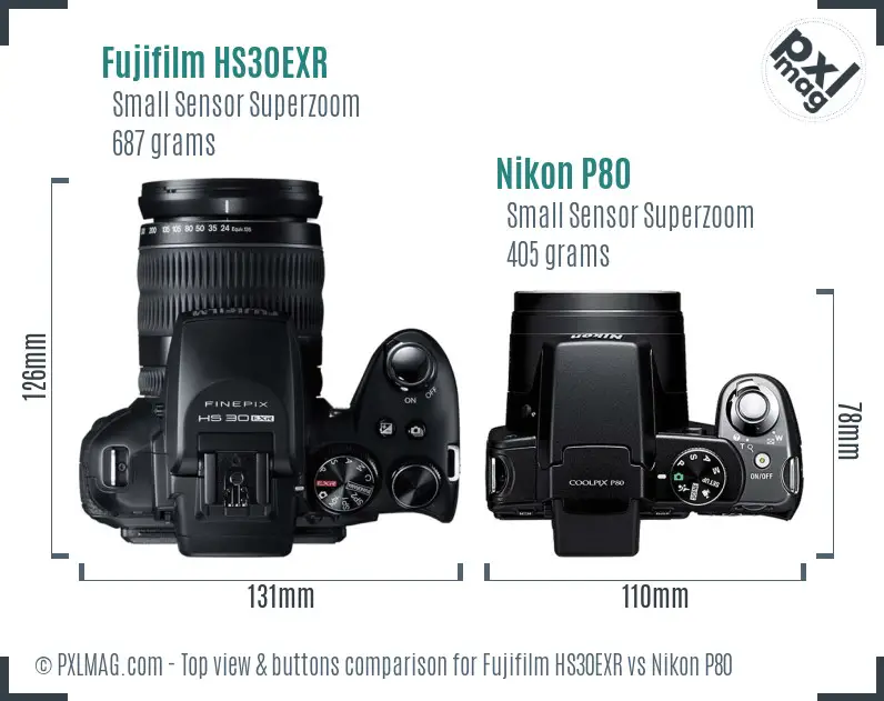 Fujifilm HS30EXR vs Nikon P80 top view buttons comparison