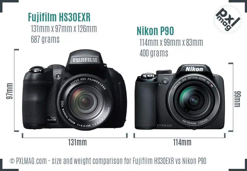 Fujifilm HS30EXR vs Nikon P90 size comparison