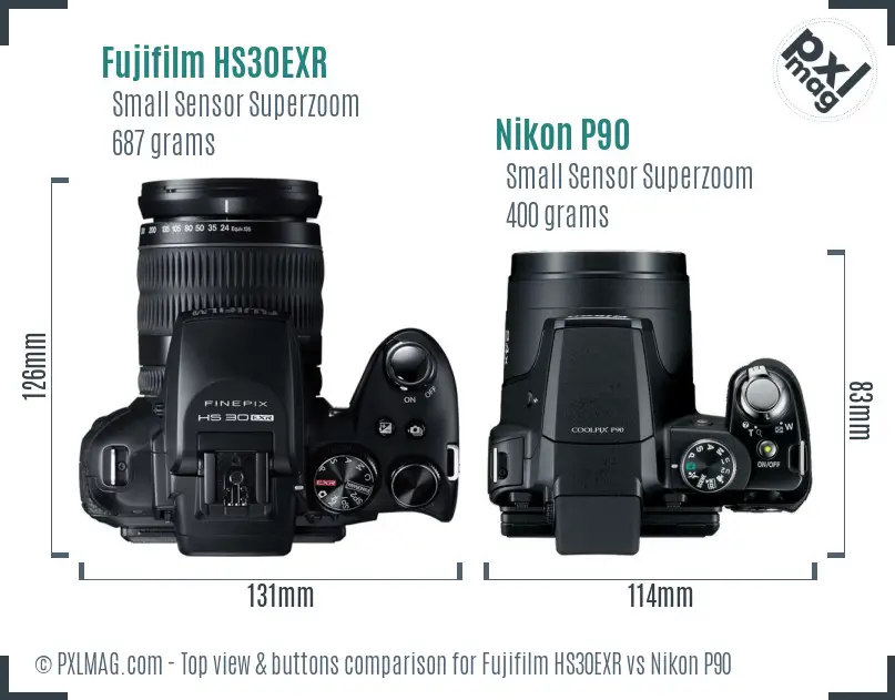 Fujifilm HS30EXR vs Nikon P90 top view buttons comparison