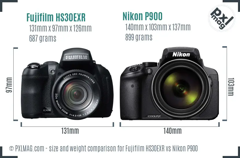 Fujifilm HS30EXR vs Nikon P900 size comparison